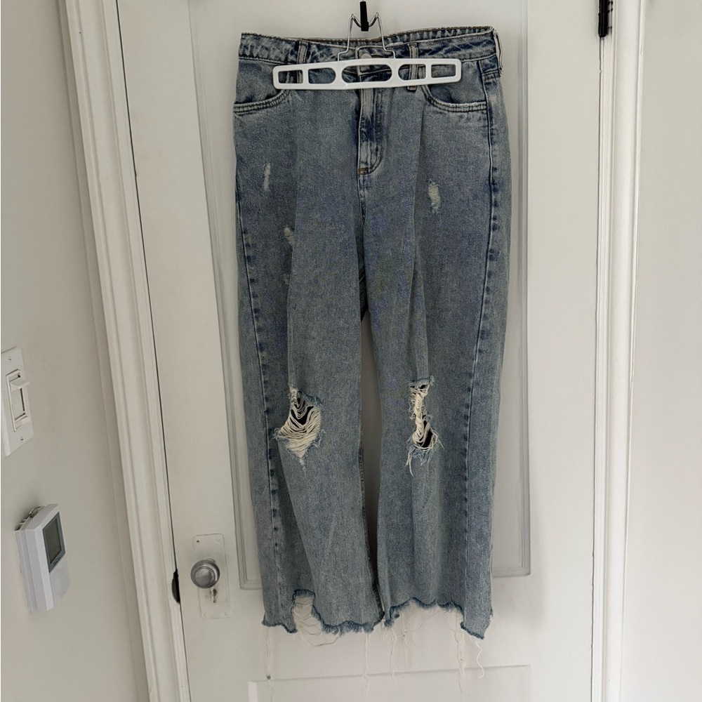 Avec Les Filles Light Blue Distressed Cropped Flare Jeans